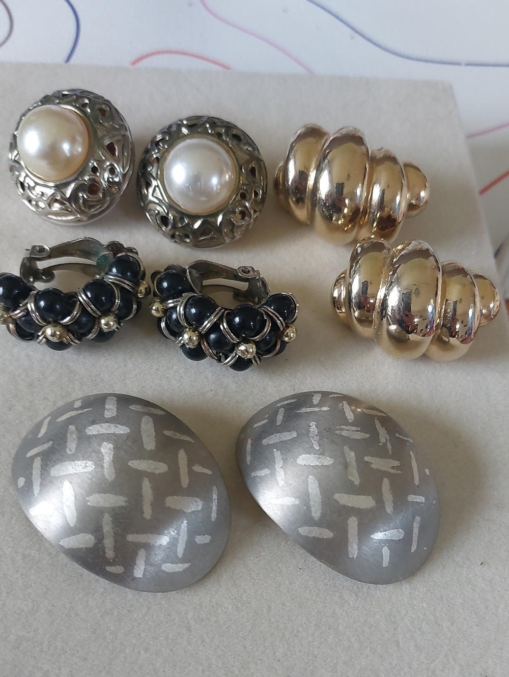 Vintage 80s 90s Clip On Earring Lot 4 Pairs Gold Shrimp Pearl Filigree Geometric